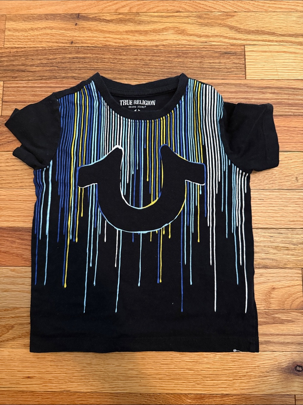 True Religion Black Tee with Blue, Yellow & White Drip Horseshoe
